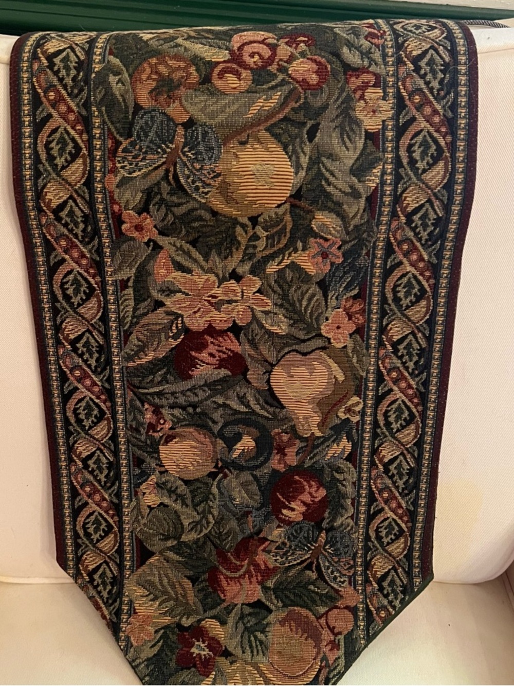 Decorative Fruit & Foliage Tapestry Table Runner in Olive and Burgundy Vintage - Picture 1 of 3